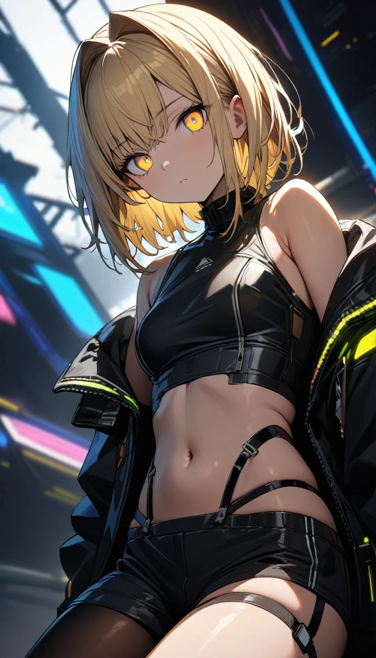 a handsome girl, solo, blond hair, hair intakes, yellow eyes,(bright eyes:1.2),
cyber punk black jacket, black high neck sleeveless, [navel], off shoulder, open jacket, black shorts, garter rings, single leg pantyhose,
expressionless, blurry background, perfect lighting, perfect angle, masterpiece, best quality, extremely detailed face,