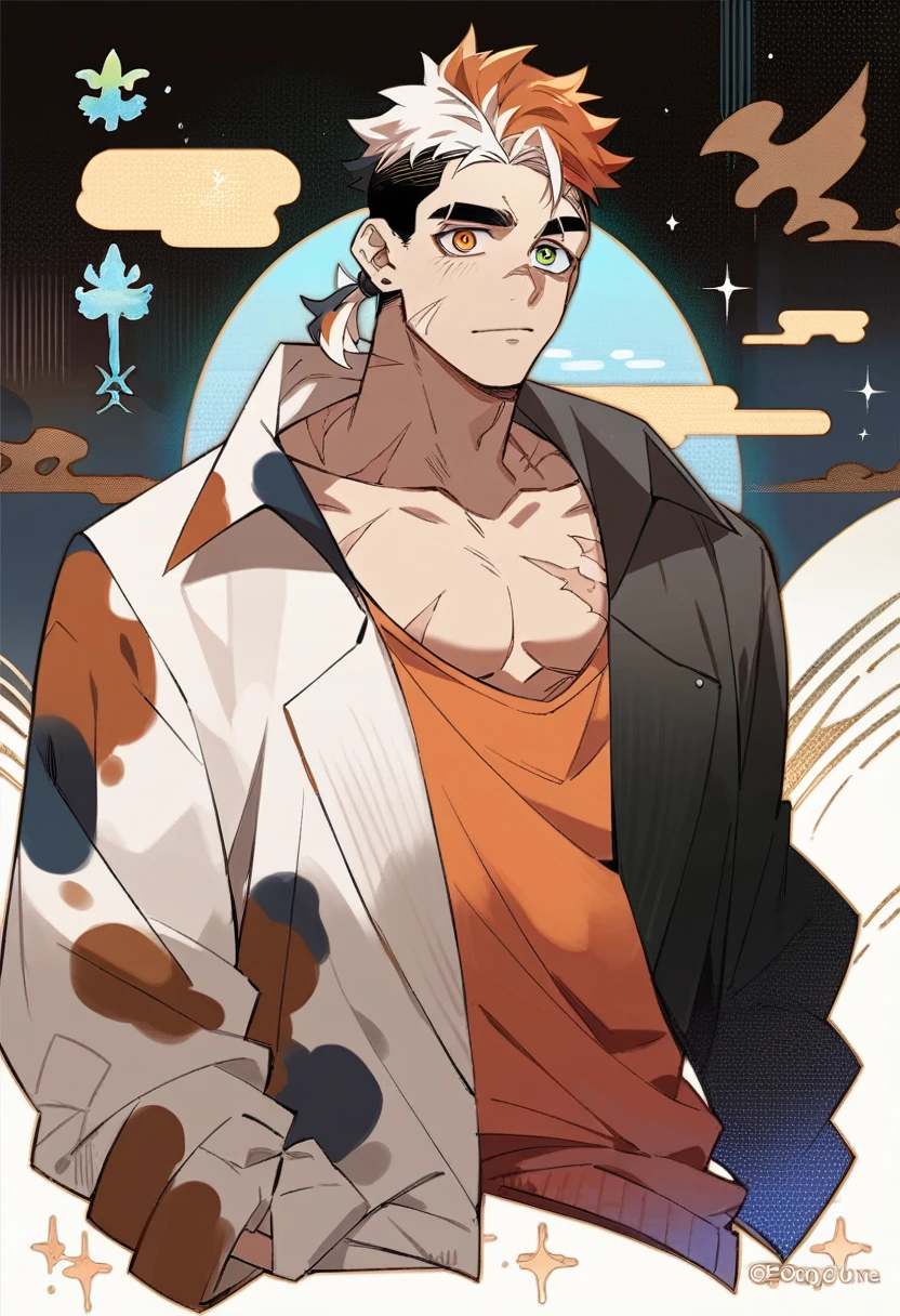 1boy, black under cut hair, white and orange top hair, calico-colored hair, scars, rainbow eyes, small ponytail, loose suit, mafia vibe, official artwork, bungo stray dog style