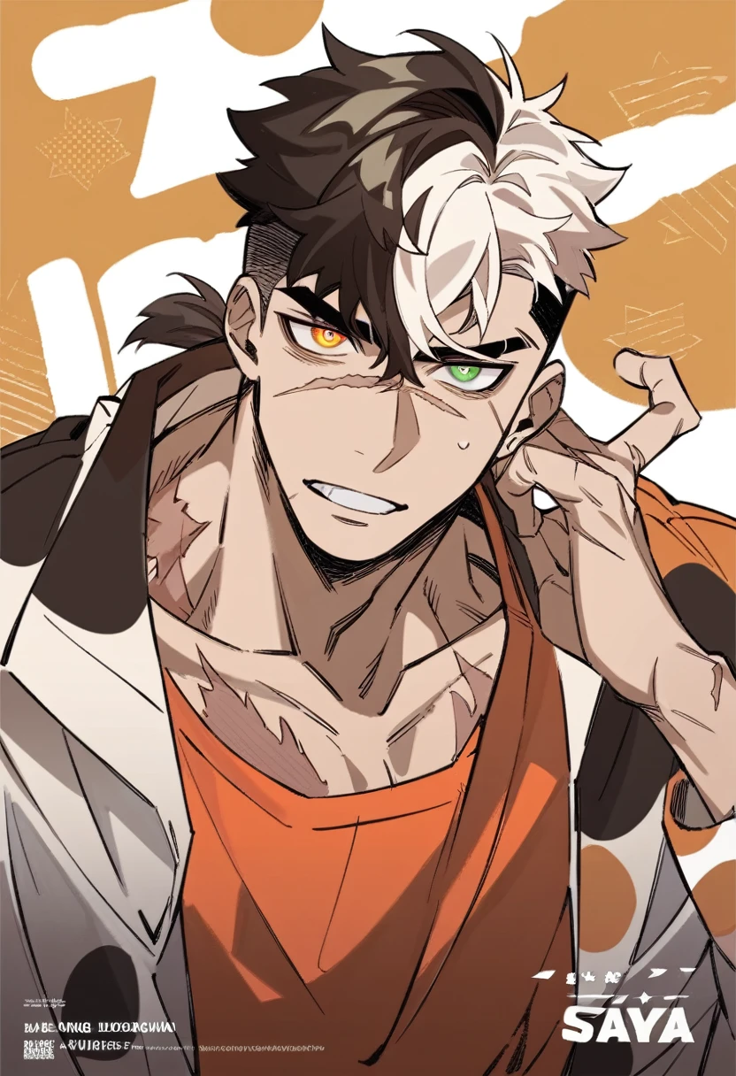 1man, black under cut hair, white and orange top hair, calico-colored hair, scars, rainbow eyes, small ponytail, loose suit, mafia vibe, official artwork