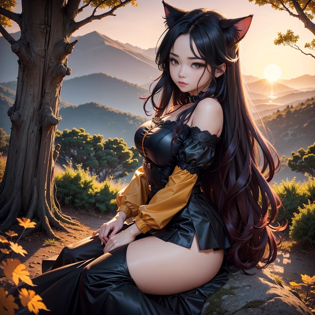 cheered up: A beautiful feline woman standing on top of a giant tree on top of a mountain surrounded by trees looking at the horizon. Wear a black outfit, Short skirt. Long black pink hair,curvy body. sunset, orange sun, vivid colors, red horizon,sunset. anime woman, cat ears, Cat&#39;s tail, beautiful detailed face, beautiful detailed feline eyes, detailed body, sexy position. At the top of a tree. At the top of a huge tree