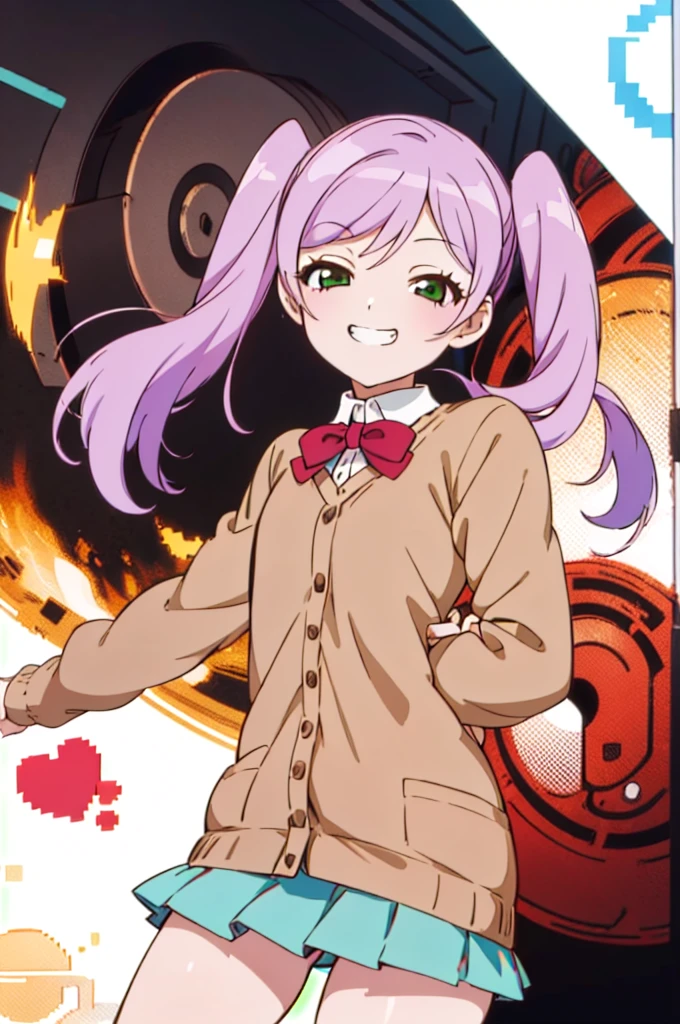 (((pixel-perfect, detail-perfect))), solo, 1girl, urara kasugano, , looking at viewer, smile, v arms,,spoken heart,,(petite),cardigans,miniskirt,classroom,grin