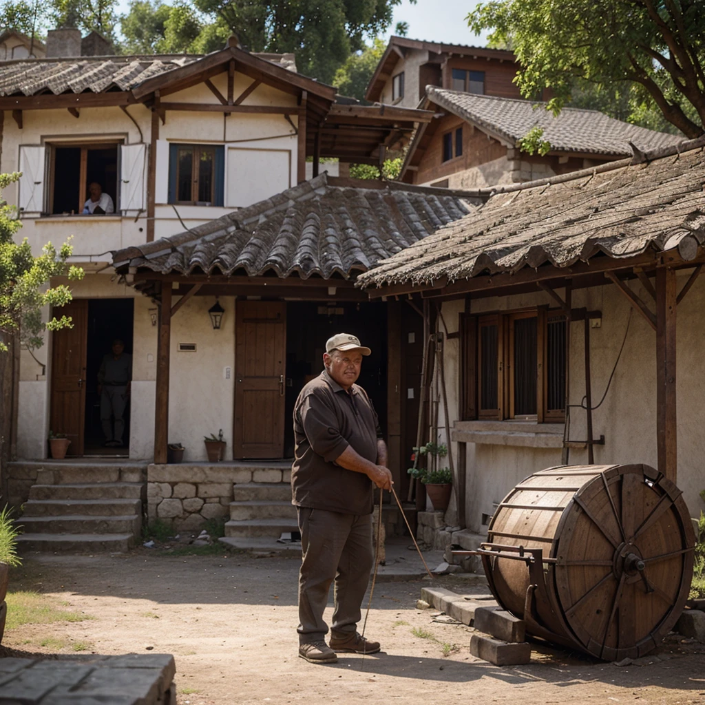 An old middle-aged man setting a bear trap in front of a house in a village.