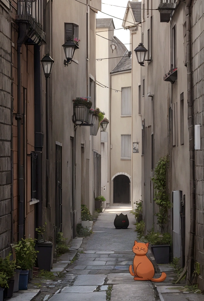 Créez une animation montrant un chaton nouveau-né dans une ruelle sombre, entouré de bruits urbains. Mettez l'accent sur la vulnérabilité du chaton et l'environnement hostile.