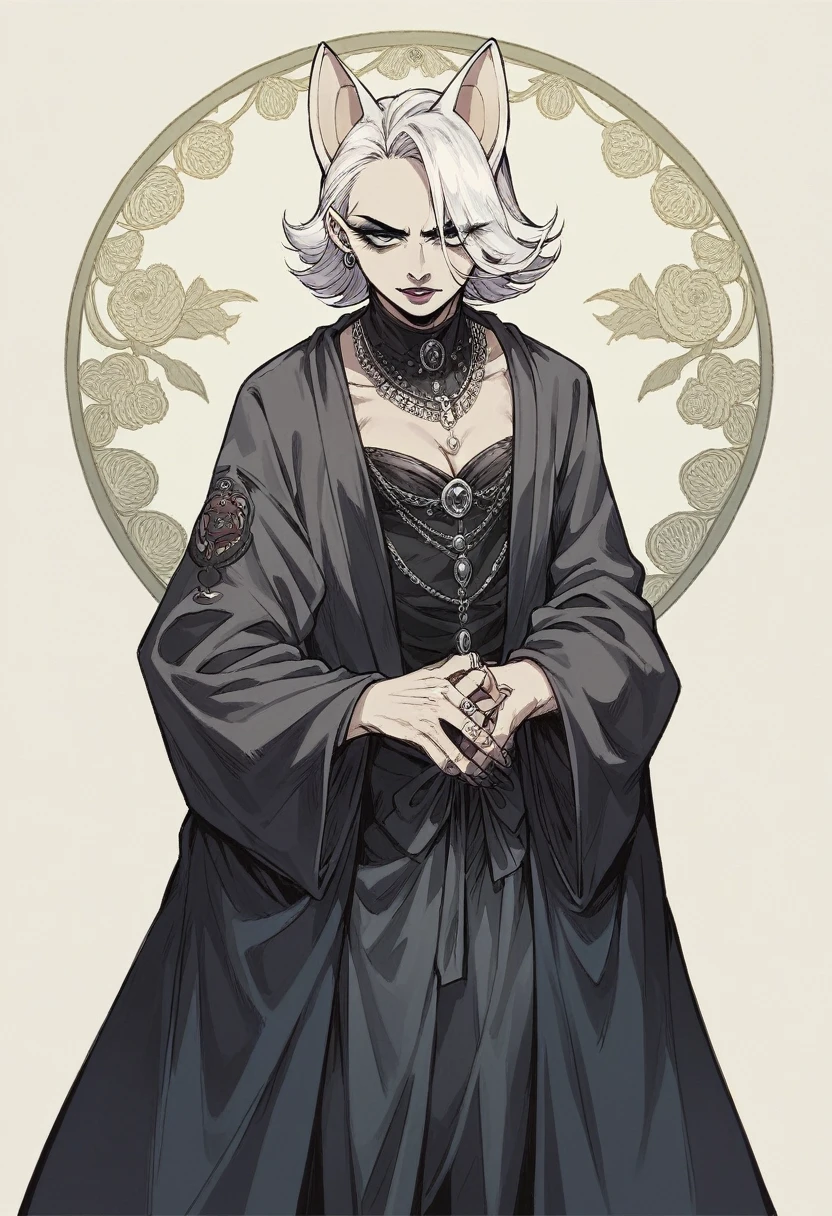 1 fille, oreille de loups, queue de loups, cheveux rouge, robe gothique, rouge a lèvre noir, anime