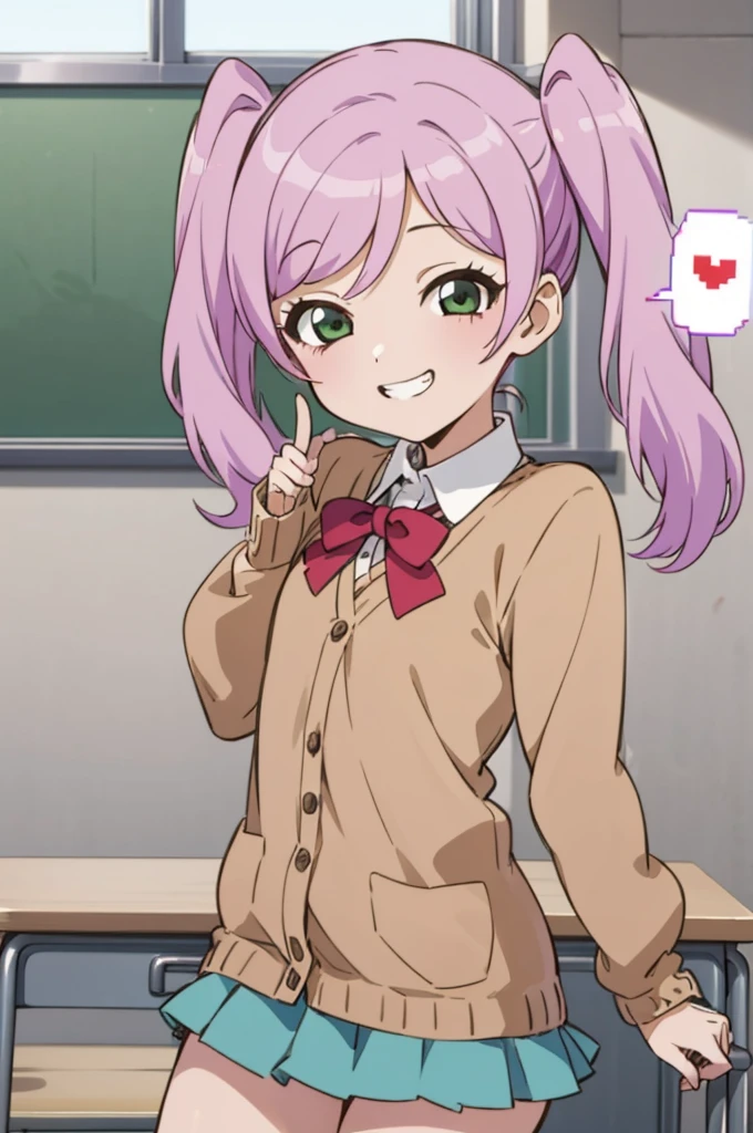 (((pixel-perfect, detail-perfect))), solo, 1girl, urara kasugano, , looking at viewer, smile, v arms,,spoken heart,6yo,(petite),cardigans,miniskirt,classroom,grin
