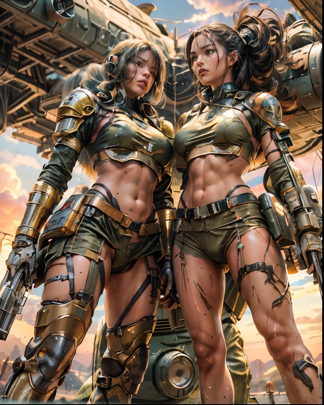 (((low angle shot))), ((women fighting in war wearing ultra thin translucent bikini with gorgeous muscular long legs)), ((olive drab color, scratches, rust, weathering, sweat, action poses in motion, shot with Fujifilm X-T30 + Nokton. HDR10)), prismatic, reflective, ((ultra perfect flowing hairstyle)), (((huge natural breasts, tan lines))), ((perfect radiant skin color)), ((super colourful)), (((cinematic sunset gorgeous skies))), (((detailed spaceship background and incredibly sci-fi retro art masterpiece))), (((1:1 scale proportions))), ((science fiction)), ((chrome spaceships)), (((ultra photorealistic realism))), ((Smooth curves, clean lines, streamlined, functional aesthetics, reflective surfaces, integrated lighting, giant floating spaceships, engraved Egyptian and spiritual motifs)), ((acrylic plastic robot))