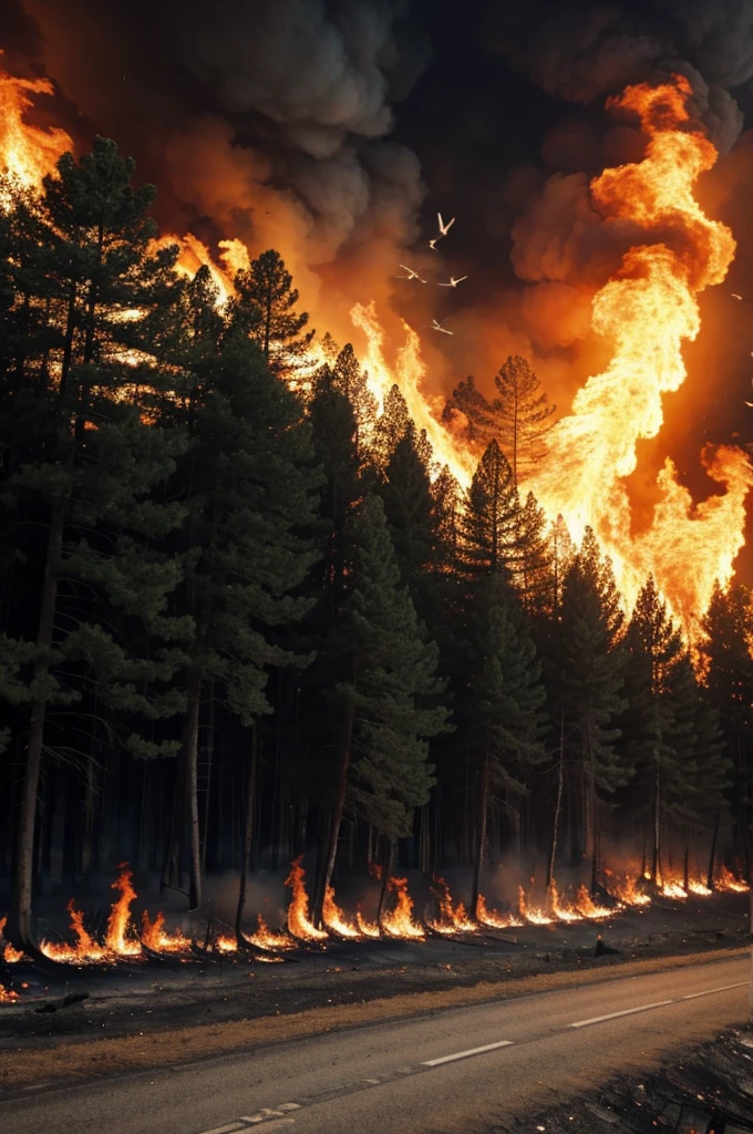 Birds fleeing from a forest fire