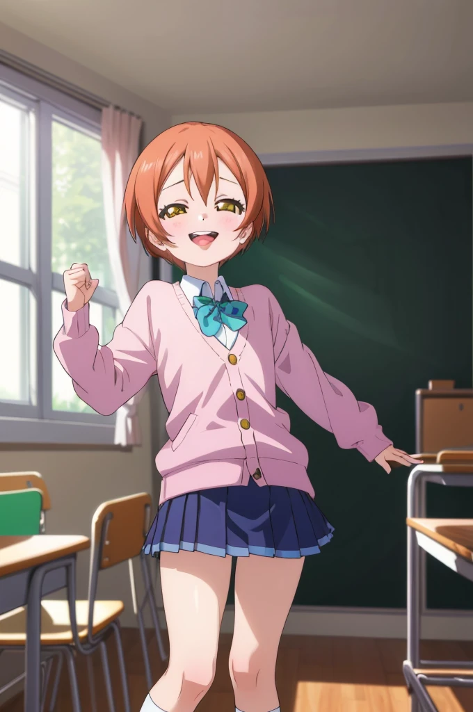 ,girl,happy,smile,,rin hoshizora ,open mouth,,looking viewer,,spoken heart,6yo,(ite),flat chest,grin,my room,socks,,cardigans,miniskirt,classroom,grin,open mouth,tongue