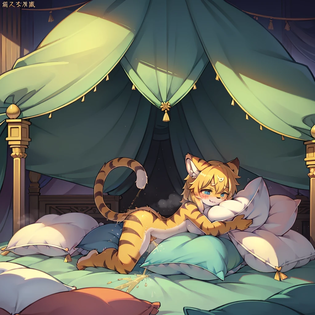 （masterpiece，best quality），my own, The Beast, , (适合任何Pillow背景的光影））, 穿着pajamas可爱女孩在Pillow上摆姿势 ，pajamas，Nature,, (blush),a smile，Pillow头,（很多Pillow），Soft cushion，，Soft pillow quotation，（Pillow损坏），很多Pillow，（Crotch rubbing），（（Pillow驼峰）），（Pillow），（A tail），，（充满细节的Pillow），（Love around the protagonist），Steam，（Pillow头），（），（豪华Pillow），（Pillow），（palace），（Palace bedroom），（Pillow），柔软的Pillow，，（Classical European style bedroom ），（excited，shy person，Lack of expressiveness，），，pillow humping,my,tiger tail,tiger ears,Tiger pattern，，Sweat，，Sweaty，(Body swing，身体Shaking lines，Shaking lines)，best quality, masterpiece, ((Maximum resolution)), artwork, ，,,(Interior of the palace),(In the bedroom at night),(Deluxe Rococo Canopy King Bed),On a big and spacious bed,(the 女孩 is lying on the bed),Before bedtime,,,Luxurious curtains with ornate ruffles and ribbons surround the bed,((((There are many pillows piled on the bed)))),Detail of Quilt,Detailed bed sheets,Ruffled Bed Skirt,Deep Bed,Background with depth,((详细的Pillow)), ((((大量的Pillow))))，peeing，squatting，water,Urine,Shaking lines，wetting pillows,Flowing liquid，Violent body shaking，剧烈Shaking lines，详细的软Pillow,,((女孩正躺在许多柔软的Pillow上,周围有许多Pillow))，Splashed liquid，Pillow和床上有水迹，Lots of urine,Lots of liquids，Urine everywhere,大量Sweaty