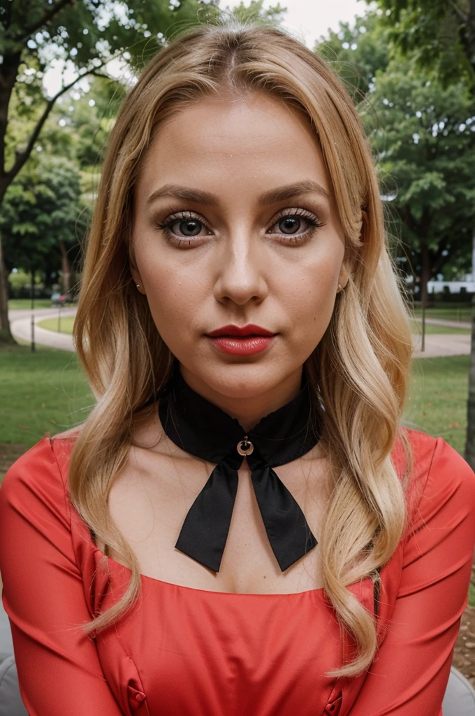 36 year old platin blonde pretty 36 year old woman with symmetric face, big eyes and red bright lips, huge juicy in a cute sexy dress with her cute little puppy in the parc
