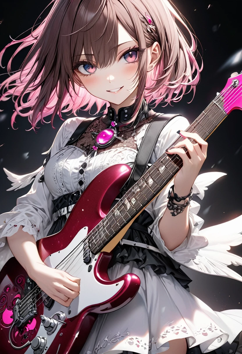 (((White background:1.2)))、(masterpiece、Ultra HD、Highest quality、Masterpiece、４K:1.2)、Perfect Style、A Scandinavian gothic metal girl vigorously playing a flashy white electric guitar, Intense gaze into the camera, Intricate details, Highly detailed eyes, Highly detailed fingers、Brown bob hair、White and pink gothic dress, Flash photography, Intricate details、smile、mini skirt、Dynamic and intense movements、Uplifting、looks fun
