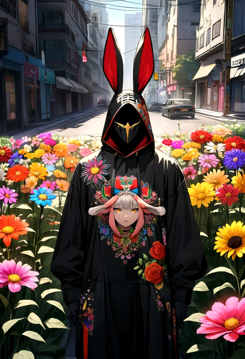 Magic flower, evil rabbit costume, dizfraz color nogro, colorful flower, flower designed by Fendi, flower designed by Prada, urban style, SWAG. 