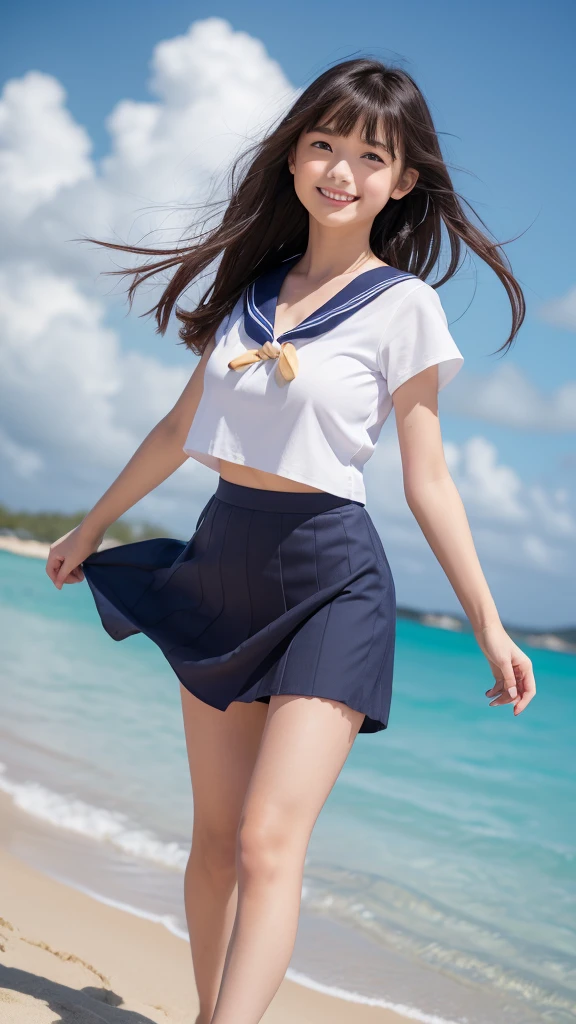 1girl,(((Okinawa ocean)))、(((White sand beaches in Okinawa)))、(((Just join your hands and pray)))、(((Mysterious look)))、8k UHD、Digital single-lens reflex camera、High resolution、Shallow depth of field、Natural light、(((Sailor suit)))、(((navy blue super mini skirt)))、(((A sparkling, charming smile)))、(((Full body photography)) )、Small person、(((Young face)))、1 Japanese female、12 years old;beautiful girl、(Black Hair)、A strong wind blows up my skirt、(((Brown eyes)))、Glowing Skin、Smooth Thinning Hair、Long Hair、Detailed background、Detailed eyes and face、Clear Eyes、Cute smile、Calm atmosphere、(((stage)))、(((Small breasts)))、(((Beautiful Eyes)))、Flat chest、Children、(((Toned thighs))) 、(((Angle from below) ))、(((Fine lips)))、(((Skirt fluttering)))、Shining beautiful legs、( Skirt fluttering violently in the strong wind :1.4),   (hair blowing in the strong wind:1.4), (leaning forward)、barefoot、barefoot、((((A skirt flipped up by a strong wind))))