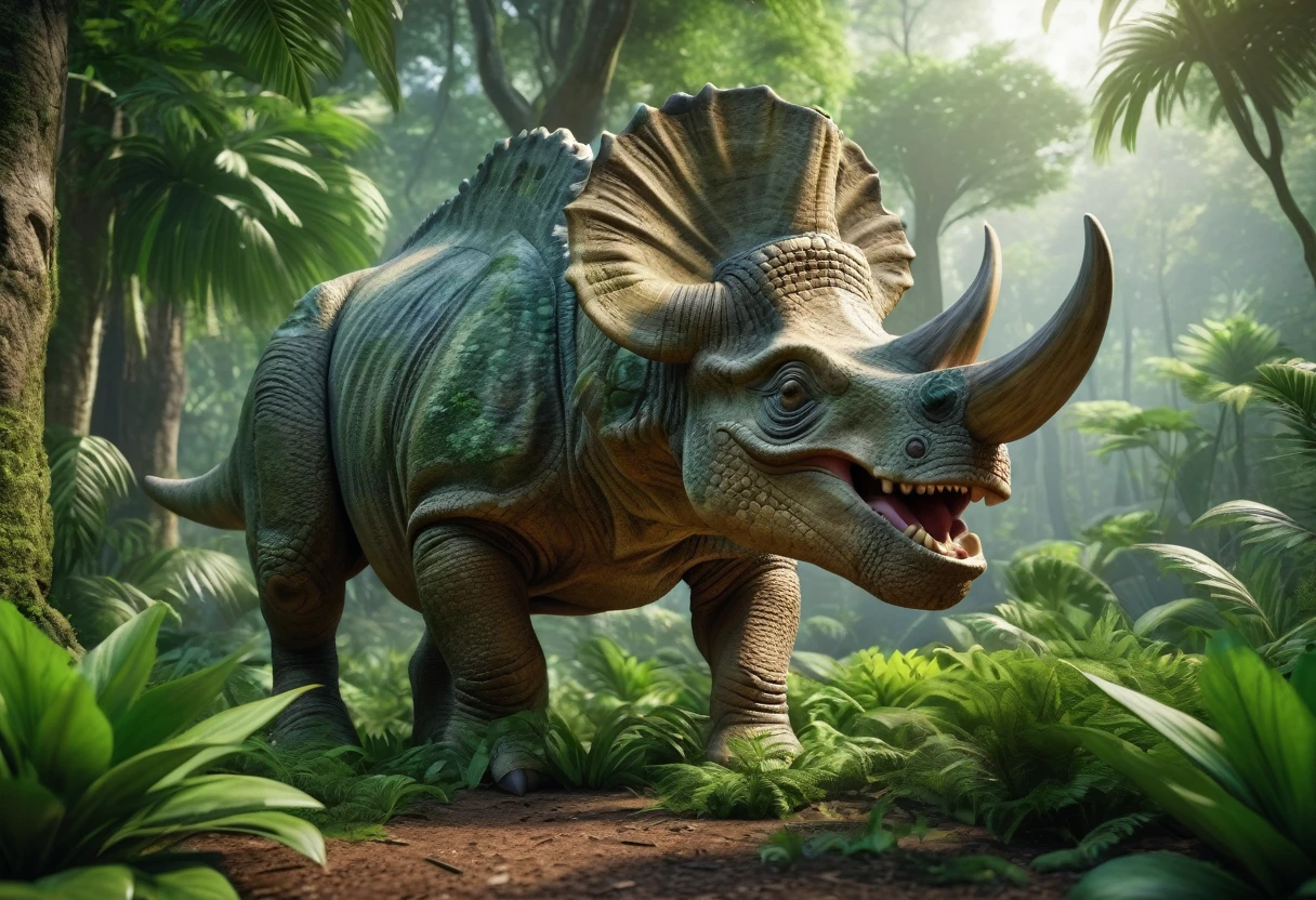 Triceratops, lush prehistoric jungle, grazing, vivid greenery, detailed scales, 3D rendering, photorealistic, realistic lighting, dynamic pose, ancient environment, ultra-high definition, cinematic shot