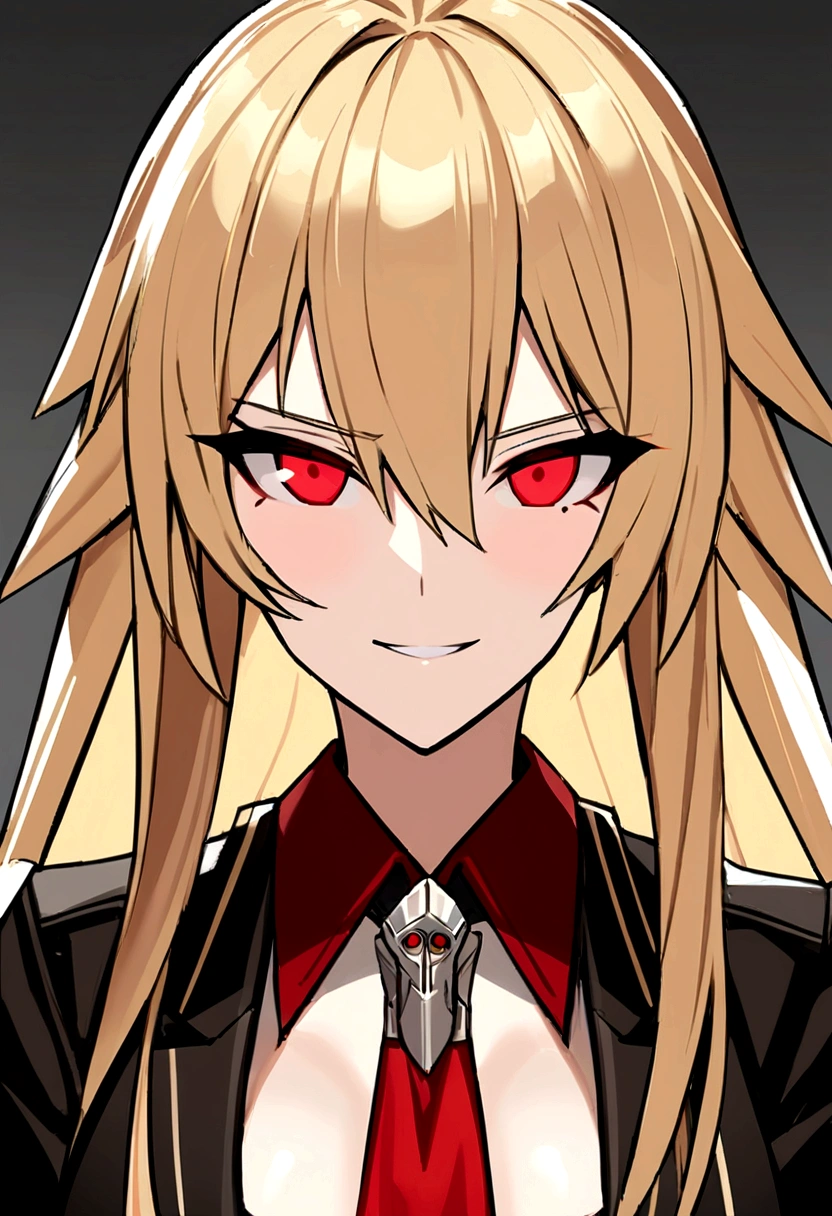animesque　a blond　red eyes　woman in suit with gun　Inappropriate smile　masuter piece　Blonde haired red eyed escort with gun, girls frontline style, M4 Sopmode II

