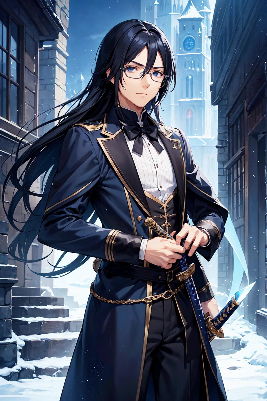 A man with glasses, magician with long black hair, dark blue eyes, wears blue with black magician clothes, young magician, uses a katana sword, intellectual, cold personality, medieval city background, isekai anime style