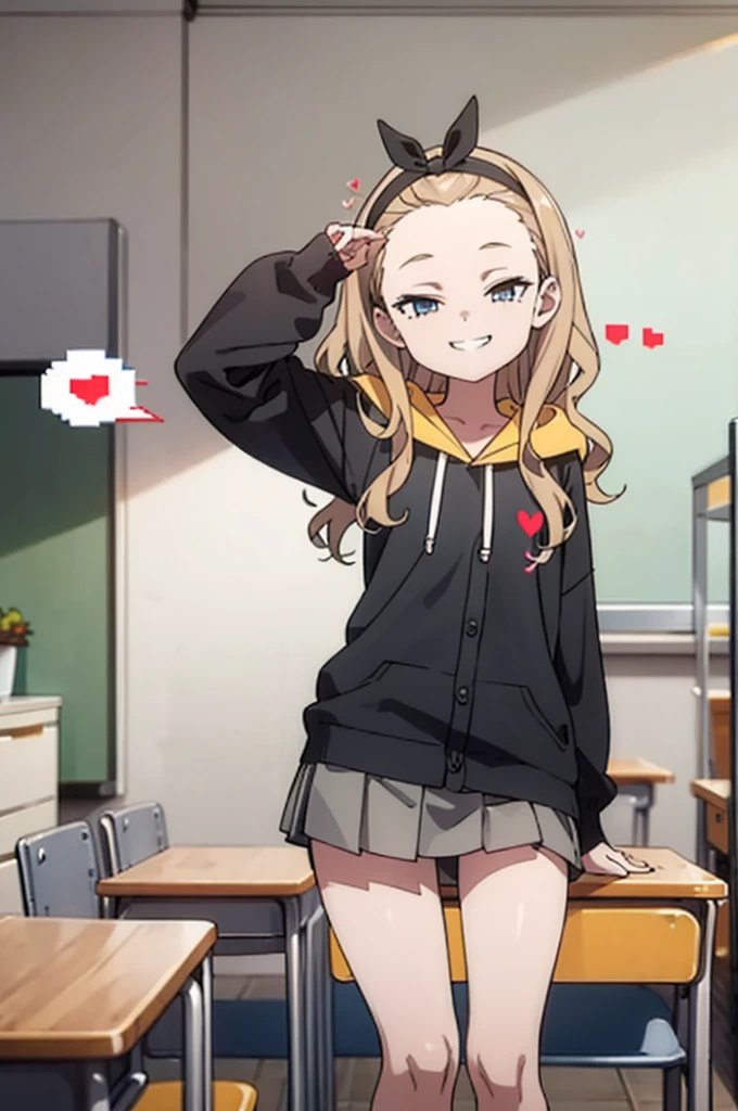 (((pixel-perfect, detail-perfect))), solo, 1girl, kurumi, hoodie, looking at viewer, smirk, smug, ,spoken heart,6yo,(petite),cardigans,miniskirt,classroom,grin