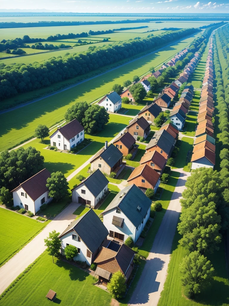 A village on a plain with some trees, floor, Nice place, top camera, humble houses, a flashy bar with a party in the village