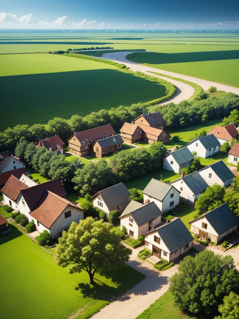 A village on a plain with some trees, floor, Nice place, top camera, humble houses, a flashy bar with a party in the village