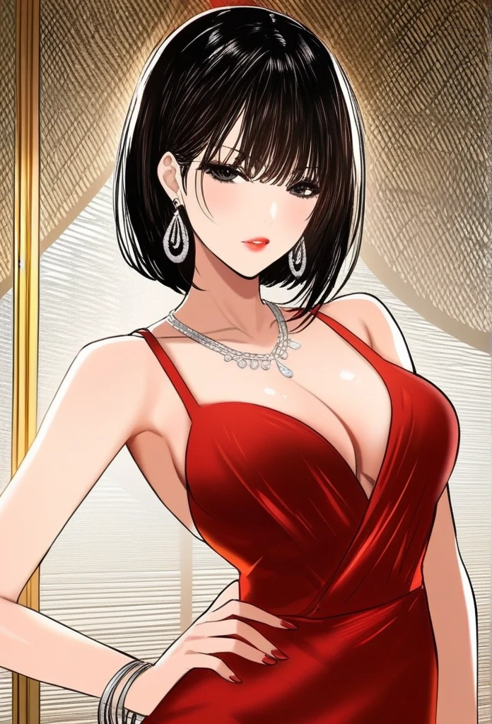 Hot sexy young babe, black eyes, black hair, short hair,big silver chandelier earrings ,long blunt hair , lipstick , smooth skin,red dress,sharp jawline, detailed face, bangles, necklace