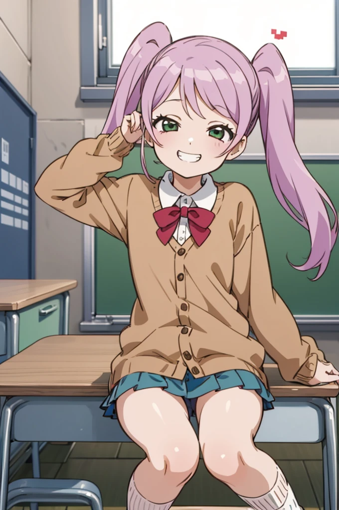 (((pixel-perfect, detail-perfect))), solo, 1girl, urara kasugano, , looking at viewer, smile, v arms,,spoken heart,,(petite),cardigans,miniskirt,classroom,grin,socks