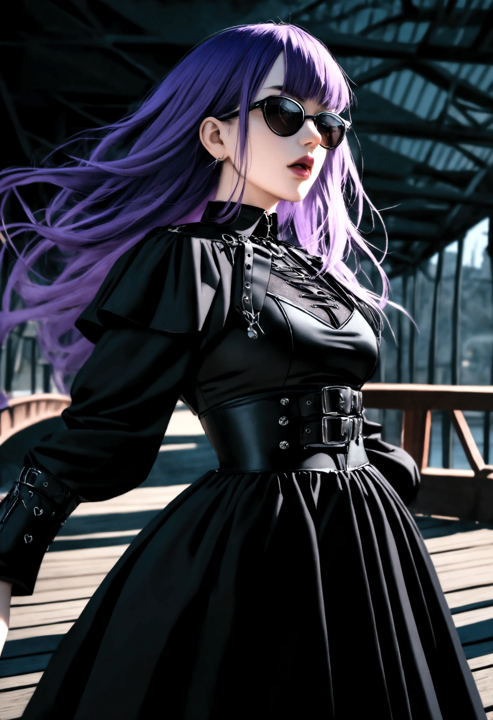 araffe woman with purple hair and sunglasses standing on a bridge, on a bridge, standing on a bridge, outfit: cop, cinematic outfit photo, wearing a dark dress, witchcore clothes, grimdark vibes, witchy clothing, wearing a gothic dress, dark clothing, wearing modern gothic clothes, dark vibes, dark clothes, goth vibe, dark dress, full portrait, action, dynamic