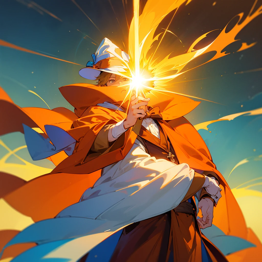 Create a boy with sun powers, a wizard with a bow tie with a sun design on it and who is wearing an orange cloak, an orange wide-brimmed wizard&#39;s hat, an orange staff with a star on top, who has a face and who is the boy&#39;s friend and that the boy was a ten year old 