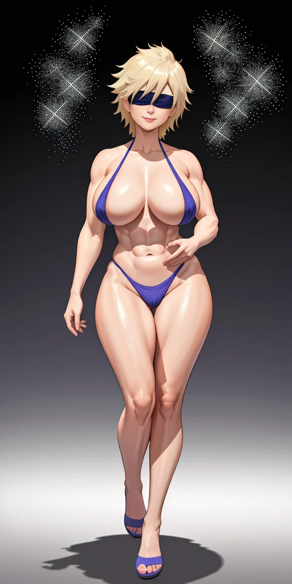 (masterpiece, HI quality: 1.1) 1girl full body standing good face, nice ass, hairstyle: braid, Color Hair: White long hair, Blindfolded: NO EYES, Skin: White (porcelain skin, sparkly skin), muscular, thighs, Mature woman, Abs, looks at the viewer smiling, extremely huge breasts, maternal, chest cover with clothes