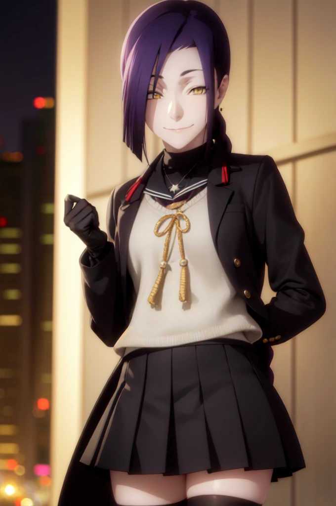 maganechikujouin, magane chikujouin, long hair, purple hair, braid, single braid, (hair over one eye:1.5), (yellow eyes:1.3), smile, grin,
BREAK skirt, thighhighs, gloves, jewelry, , earrings, serafuku, black gloves, black thighhighs, necklace, zettai ryouiki,
BREAK outdoor, city, night, sky, buildings, moon, clouds,
BREAK looking at viewer, (cowboy shot:1.5),
BREAK (masterpiece:1.2), best quality, high resolution, unity 8k wallpaper, (illustration:0.8), (beautiful detailed eyes:1.6), extremely detailed face, perfect lighting, extremely detailed CG, (perfect hands, perfect anatomy),