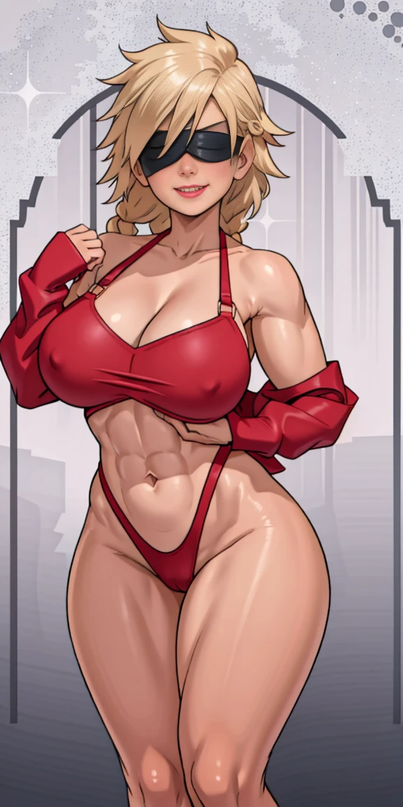 (masterpiece, HI quality: 1.1) 1girl full body standing good face, nice ass, hairstyle: braid, Color Hair: White long hair, Blindfolded: NO EYES, Skin: White (porcelain skin, sparkly skin), muscular, thighs, Mature woman, Abs, looks at the viewer smiling, extremely huge breasts, maternal, chest cover with clothes