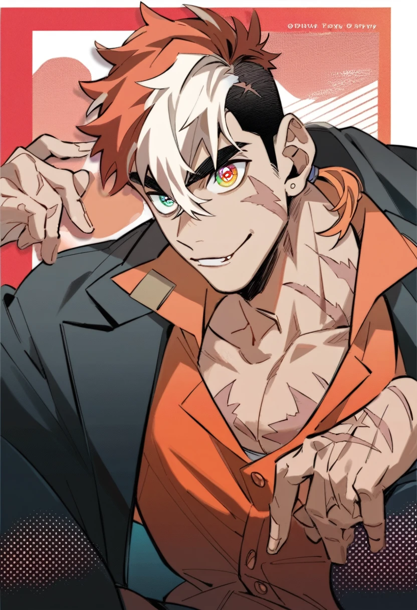 1boy, black under cut hair, white and orange top hair, calico-colored hair, scars, rainbow eyes, small ponytail, loose suit, mafia vibe, official artwork