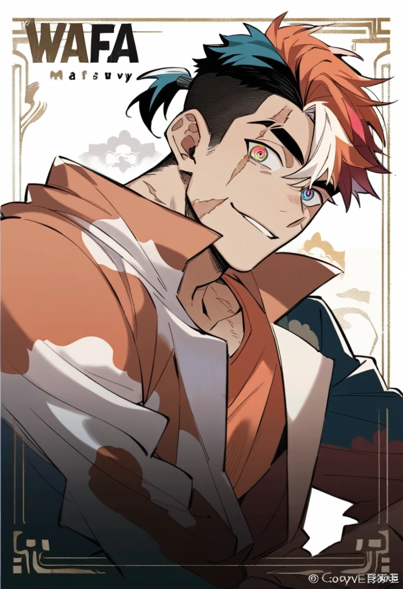 1boy, black under cut hair, white and orange top hair, calico-colored hair, scars, rainbow eyes, small ponytail, loose suit, mafia vibe, official artwork