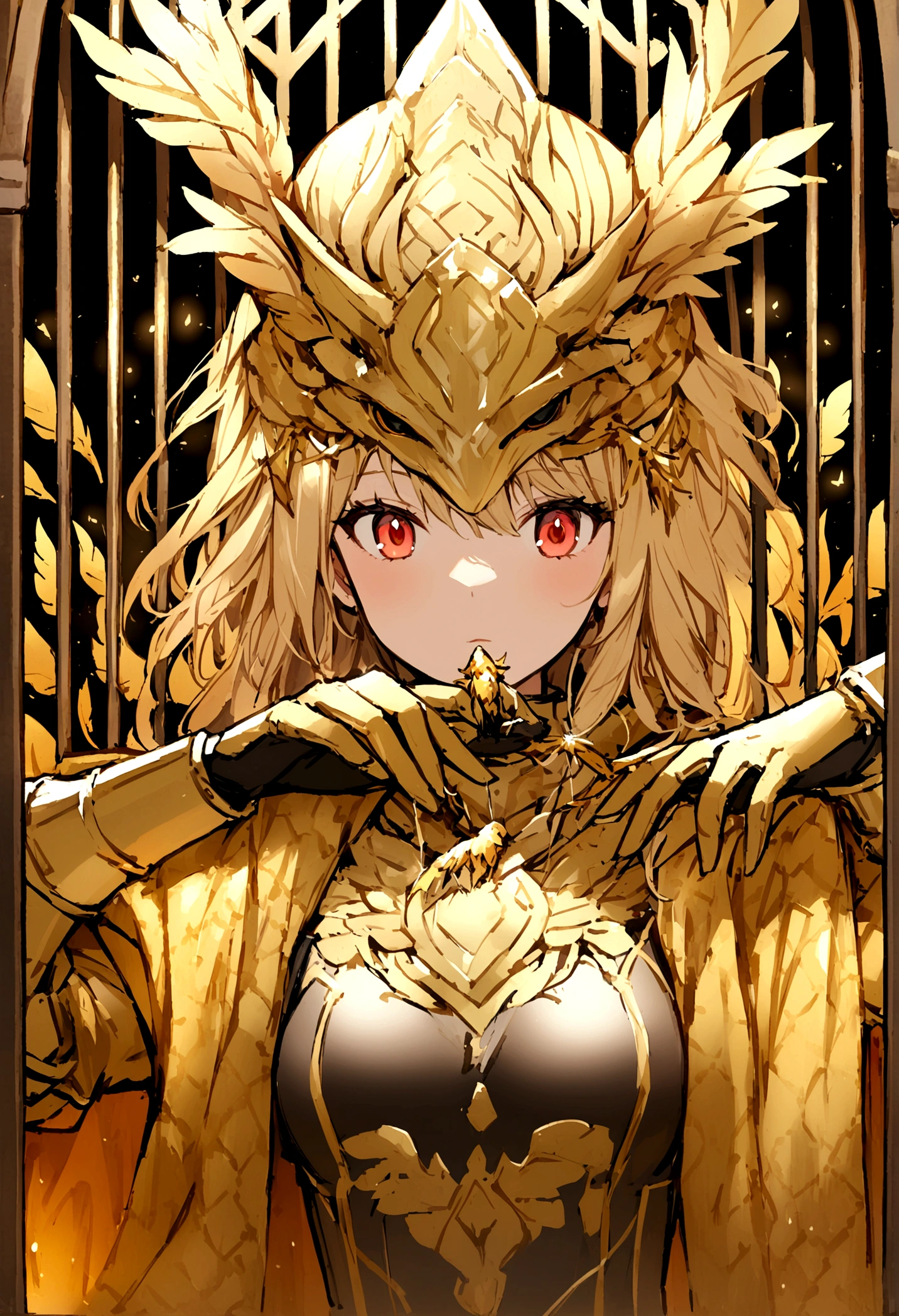 (upper body:1.3), 1girl,hoenix keeper, fireproof suit with a golden phoenix emblem, fire cage with obsidian bars, phoenix nest with shimmering golden feathers, talon gloves for handling the phoenix, fire ruby for feeding the phoenix,