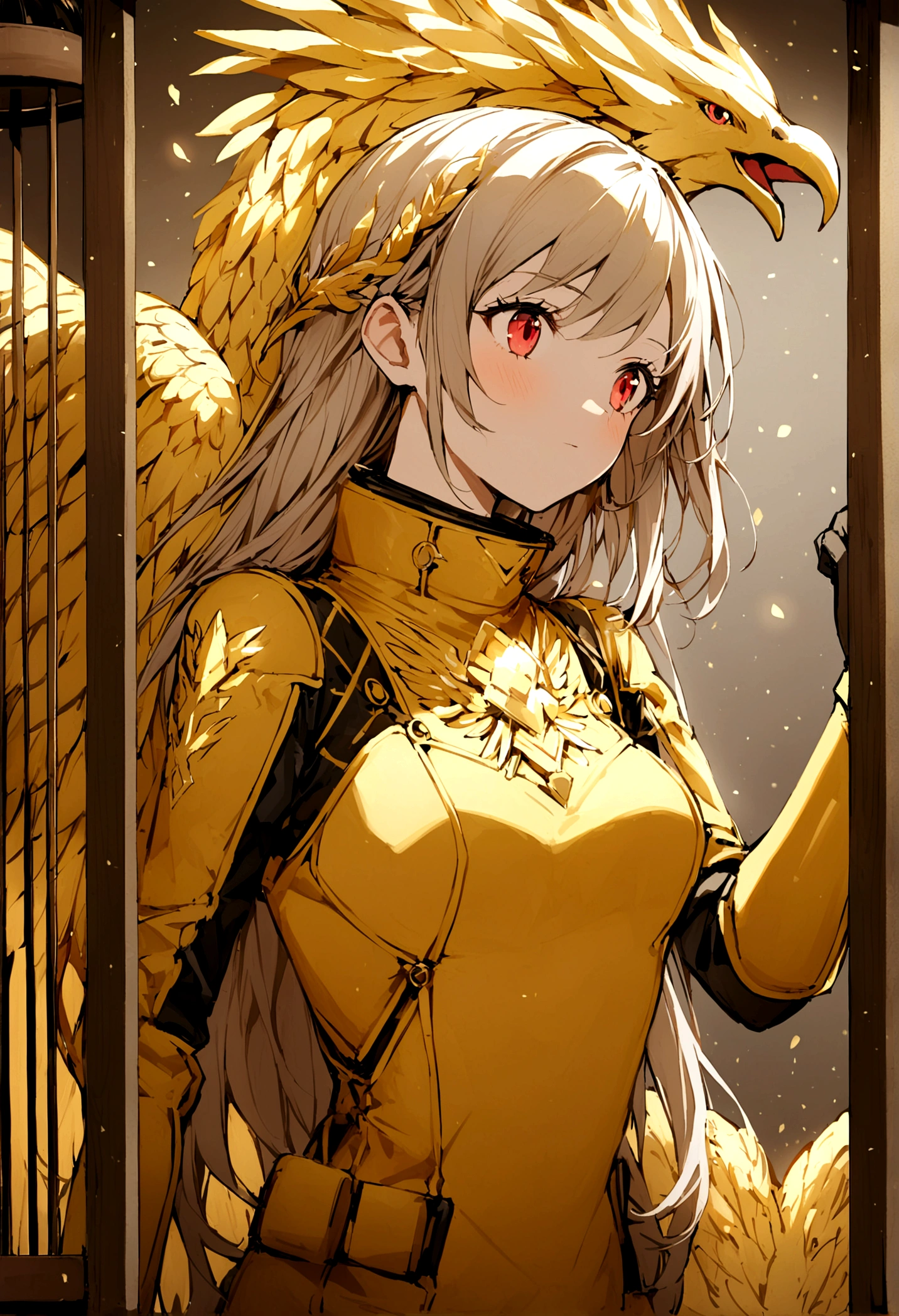 (upper body:1.3), 1girl,hoenix keeper, fireproof suit with a golden phoenix emblem, fire cage with obsidian bars, phoenix nest with shimmering golden feathers, talon gloves for handling the phoenix, fire ruby for feeding the phoenix,