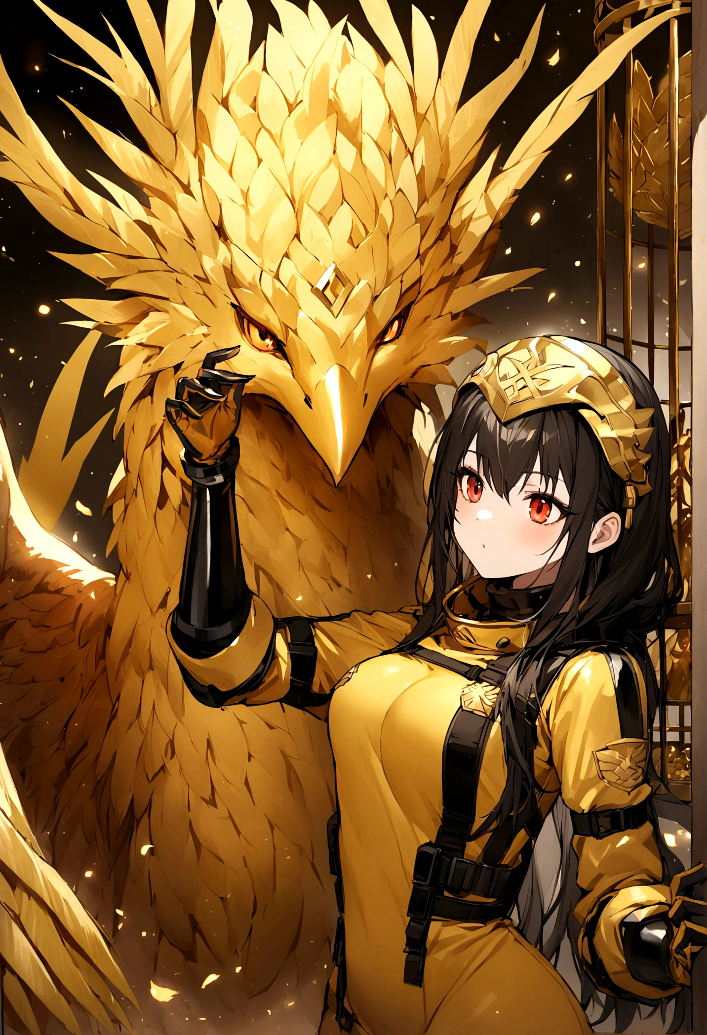 (upper body:1.3), 1girl,hoenix keeper, fireproof suit with a golden phoenix emblem, fire cage with obsidian bars, phoenix nest with shimmering golden feathers, talon gloves for handling the phoenix, fire ruby for feeding the phoenix,