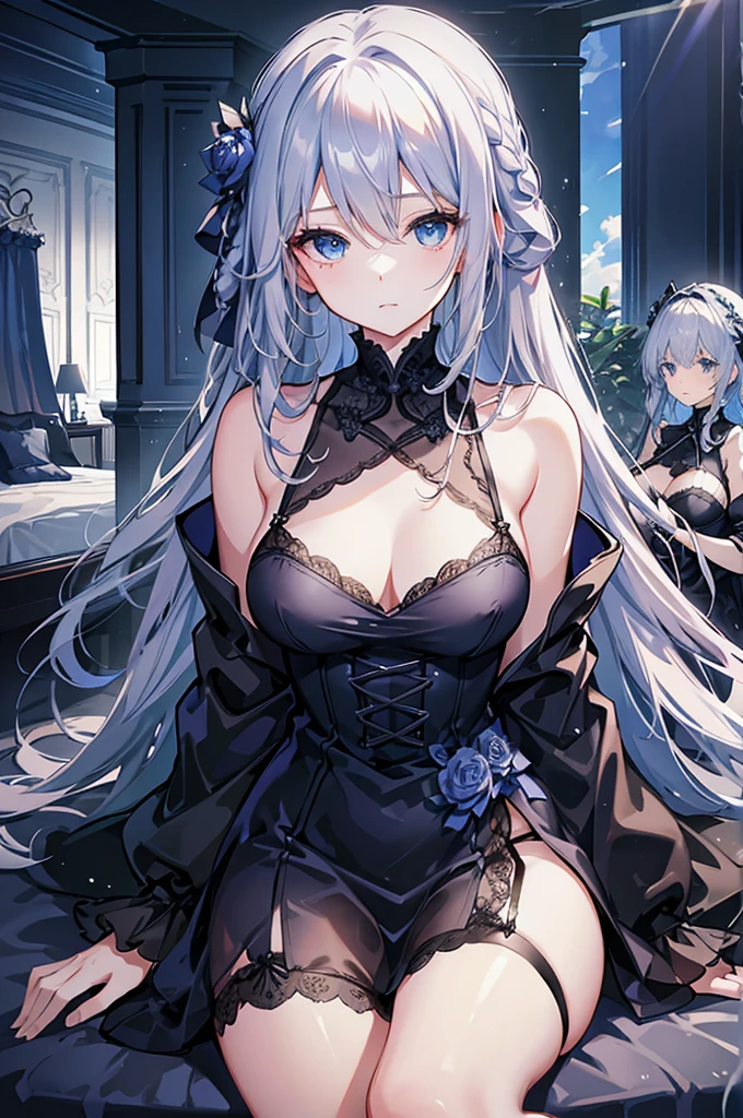 A woman with silver hair and blue eyes、Long, fluffy wavy hair、Braiding、lingerie dress、garter belt、race、Classy and elegant、Sitting on the bed