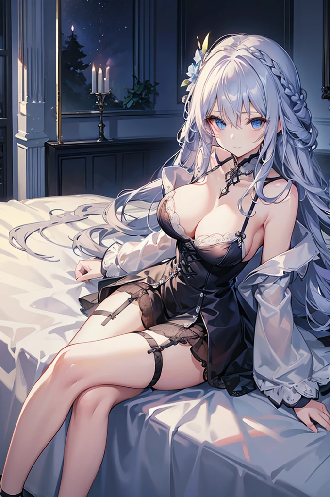 A woman with silver hair and blue eyes、Long, fluffy wavy hair、Braiding、lingerie dress、garter belt、race、Classy and elegant、Sitting on the bed