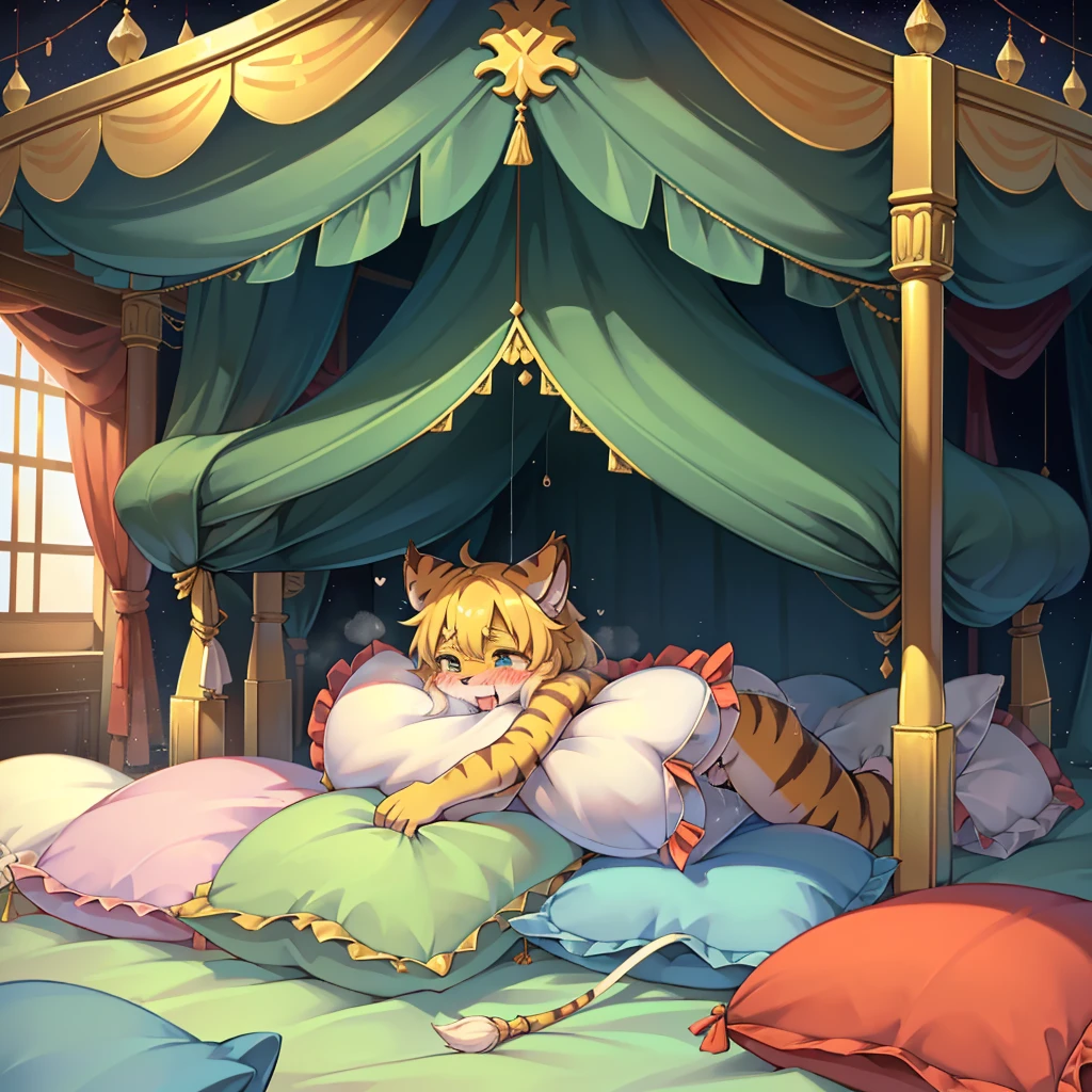 (masterpiece,best quality),my own, The Beast, , (适合任何Pillow背景的光影)), 穿着pajamas可爱女孩在Pillow上摆姿势 ,pajamas,Nature,, (blush),a smile,Pillow头,(很多Pillow),Soft cushion,(canopy bed),Soft pillow quotation,(Pillow损坏),很多Pillow,(Crotch rubbing),((Pillow驼峰)),(Pillow),(A tail),,(粉色Pillow),(Love around the protagonist),Steam,(Pillow头),(),(豪华Pillow),(Pillow),(palace),(Palace bedroom),(Pillow),柔软的Pillow,,(Classical European style bedroom ),(excited,shy person,Lack of expressiveness,),,pillow humping,my,tiger tail,tiger ears,Tiger pattern,,Sweat,,Sweaty,Body swing,身体Shaking lines,Shaking lines,best quality, masterpiece, ((Maximum resolution)), artwork, ,,,(Interior of the palace),(In the bedroom at night),(Deluxe Rococo Canopy King Bed),On a big and spacious bed,(the 女孩 is lying on the bed),Before bedtime,,,Luxurious curtains with ornate ruffles and ribbons surround the bed,((((There are many pillows piled on the bed)))),Detail of Quilt,Detailed bed sheets,Ruffled Bed Skirt,Deep Bed,Background with depth,pajamas , ((((大量的Pillow)))),peeing,squatting,water,Urine,Shaking lines,wetting pillows,Flowing liquid,Violent body shaking,剧烈Shaking lines,详细的软Pillow,,(女孩正躺在许多柔软的Pillow上,周围有许多Pillow),(Pillow上有液体),Sweat,saliva,Splashing urine,Pillow上和床上有水迹,