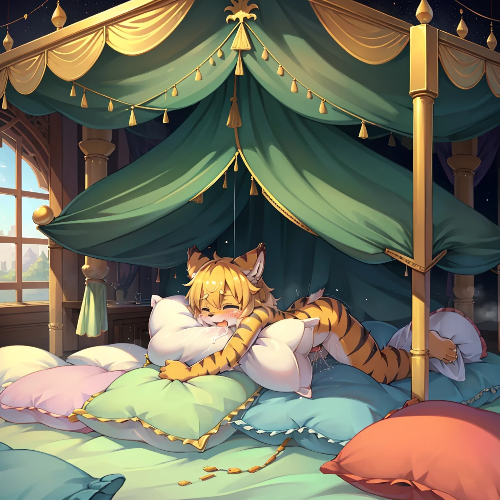 （masterpiece，best quality），my own, The Beast, , (适合任何Pillow背景的光影））, 穿着pajamas可爱女孩在Pillow上摆姿势 ，pajamas，Nature,, (blush),a smile，Pillow头,（很多Pillow），Soft cushion，（canopy bed），Soft pillow quotation，（Pillow损坏），很多Pillow，（Crotch rubbing），（（Pillow驼峰）），（Pillow），（A tail），，（粉色Pillow），（Love around the protagonist），Steam，（Pillow头），（），（豪华Pillow），（Pillow），（palace），（Palace bedroom），（Pillow），柔软的Pillow，，（Classical European style bedroom ），（excited，shy person，Lack of expressiveness，），，pillow humping,my,tiger tail,tiger ears,Tiger pattern，，Sweat，，Sweaty，Body swing，身体Shaking lines，Shaking lines，best quality, masterpiece, ((Maximum resolution)), artwork, ，,,(Interior of the palace),(In the bedroom at night),(Deluxe Rococo Canopy King Bed),On a big and spacious bed,(the 女孩 is lying on the bed),Before bedtime,,,Luxurious curtains with ornate ruffles and ribbons surround the bed,((((There are many pillows piled on the bed)))),Detail of Quilt,Detailed bed sheets,Ruffled Bed Skirt,Deep Bed,Background with depth,pajamas , ((((大量的Pillow))))，peeing，squatting，water,Urine,Shaking lines，wetting pillows,Flowing liquid，Violent body shaking，剧烈Shaking lines，详细的软Pillow,,（女孩正躺在许多柔软的Pillow上,周围有许多Pillow），(Pillow上有液体），Sweat，saliva，Splashing urine，Pillow上和床上有水迹,