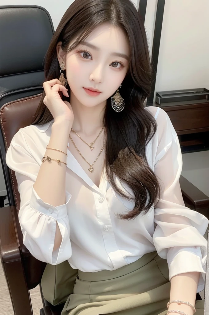 (((actual photography))),, portrait, Korean，(stunning face:1.3),, beautiful girl, Eyes on the document,Sit in a large class chair , (Necklace，earrings，Bracelet:1.1), Buttoned shirt and hip skirt, , (cleavage:0.3),, In the CEO&#39;s Office, (environmental details:1.3),, (original photo, CG Unity, photography, ultra actual details, sharp focus, Delicate skin,4K, High resolution, masterpiece, best quality, actual, energetic:1.2),, (8K,4K, Ultra high quality, High resolution, professional, Movie般的, Movie, Dramatic),, Detailed Background,