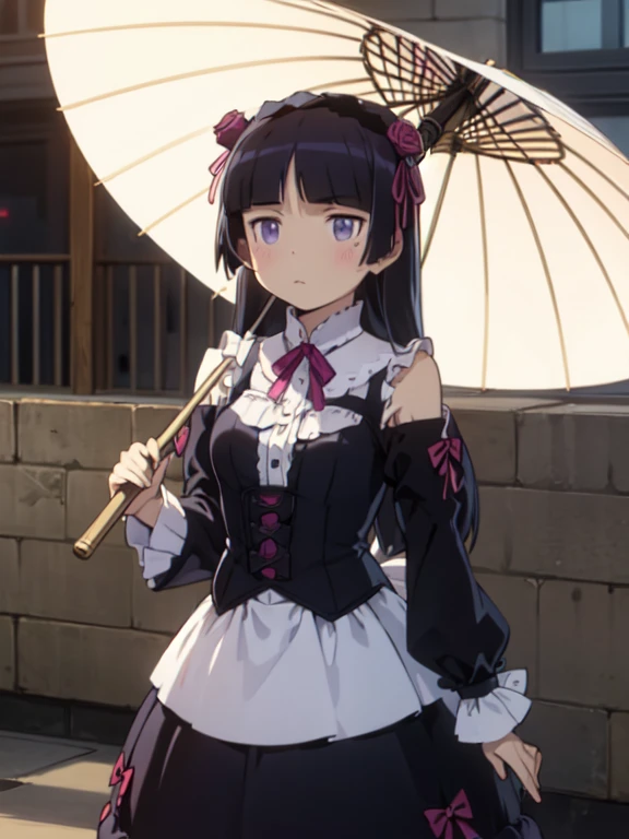 (Ultra-high resolution, masterpiece, Attention to detail, high quality, 最high quality) , 1 girl, alone, girl, Hime cut, Gothic Lolita, Lolita Fashion, head band, (Bare shoulders), ((Parasol)), Pagoda Umbrella, (ruri gokou), Elegance, grace, Different world, Ancient Capital, middle ages, full body