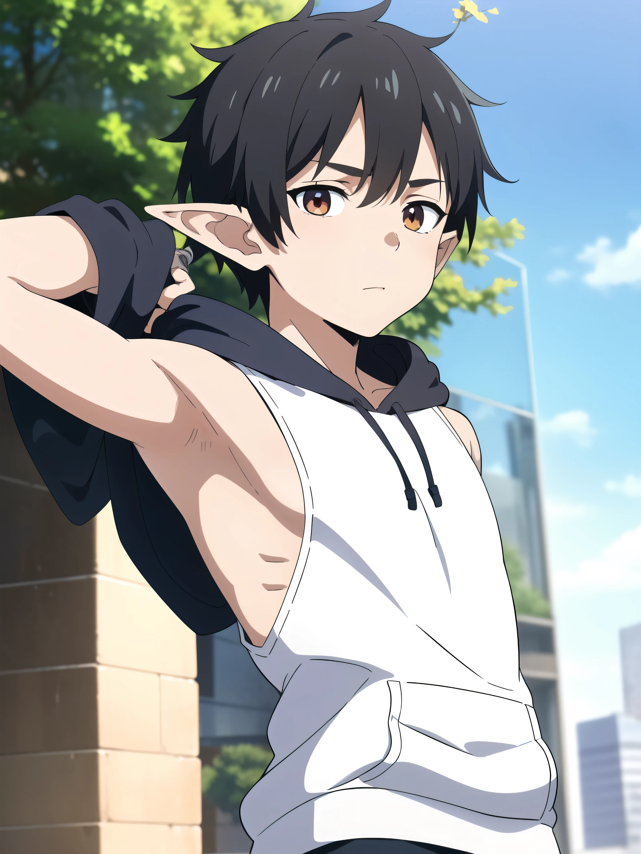 Highres, Masterpiece, Best quality at best,Best Quality,hight quality, hight detailed, Anime style, 1boy, Young boy, Shota, Sleeveless hoodie, Elf ear, earring, Straight hair, Seen from the front, look at viewer, (very young boy), (very small and short body), Age 12, Such a cute smooth armpit, Cute armpit, sexy armpit, The armpits of a 12 year old boy, Adorable little armpits, seductive armpits, showing armpit, City, Blurry beckground, hansome boy, Uhd, 4k wallpaper