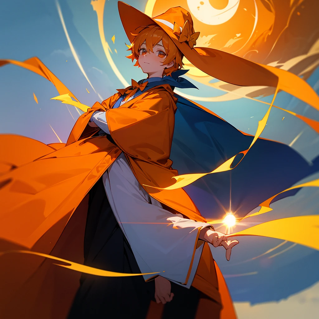 Create a boy with sun powers, a wizard with a bow tie with a sun design on it and who is wearing an orange cloak, an orange wide-brimmed wizard&#39;s hat, an orange staff with a star on top, who has a face and who is the boy&#39;s friend and that the boy was a ten year old 