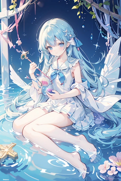 A magical girl with a mermaid motif、Highest quality、Lolita、Primary school students、Water Manipulation Magic、Magical girl who controls water、beautiful girl、cute、Full-body portrait、light blue、Have a koto、Playing the lyre