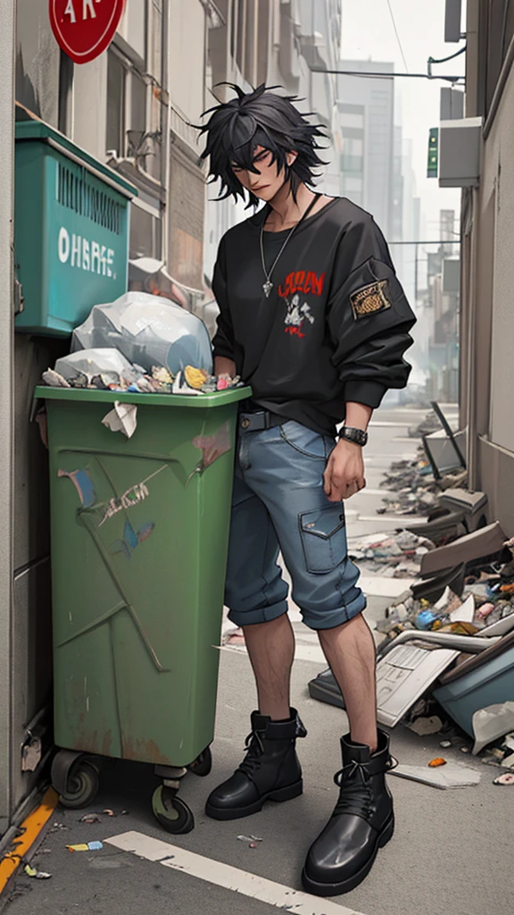 A rock guitarist dressed in a garbage collector&#39;s uniform, including a fluorescent jumpsuit and chunky boots, is playing his electric guitar with intensity. It is positioned in a nighttime urban alley, with graffiti walls in the background. Behind him, there is a garbage truck with yellowish lights reflecting off the walls. His expression is determined and concentrated, reflecting the passion for music. The scene is lit by streetlights, creating a dark atmosphere full of rebellious energy.