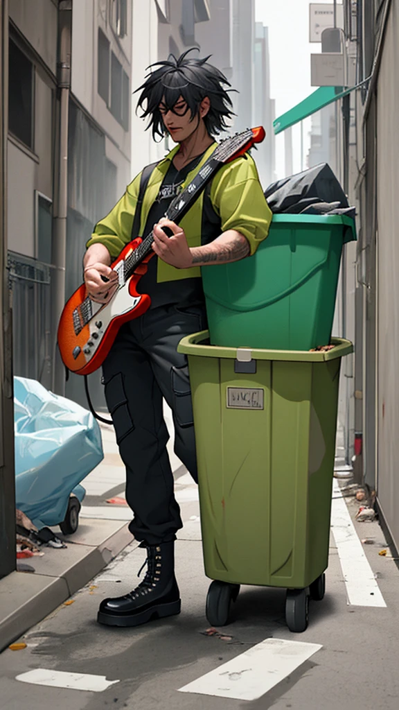 A rock guitarist dressed in a garbage collector's uniform, including a fluorescent jumpsuit and chunky boots, is playing his electric guitar with intensity. It is positioned in a nighttime urban alley, with graffiti walls in the background. Behind him, there is a garbage truck with yellowish lights reflecting off the walls. His expression is determined and concentrated, reflecting the passion for music. The scene is lit by streetlights, creating a dark atmosphere full of rebellious energy.