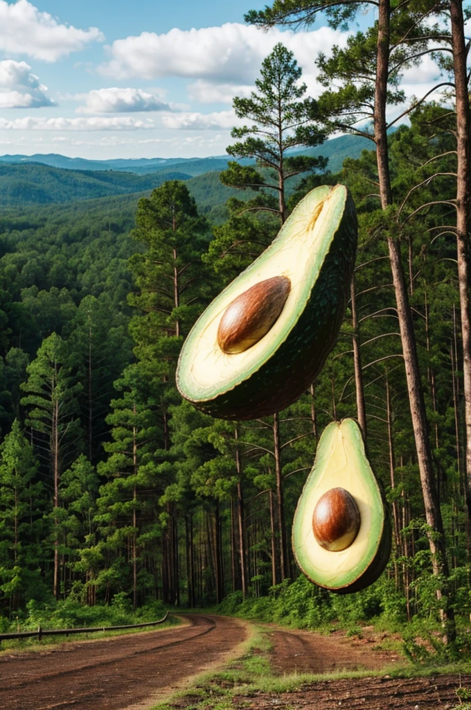 Avocado with legs with a forest in the background