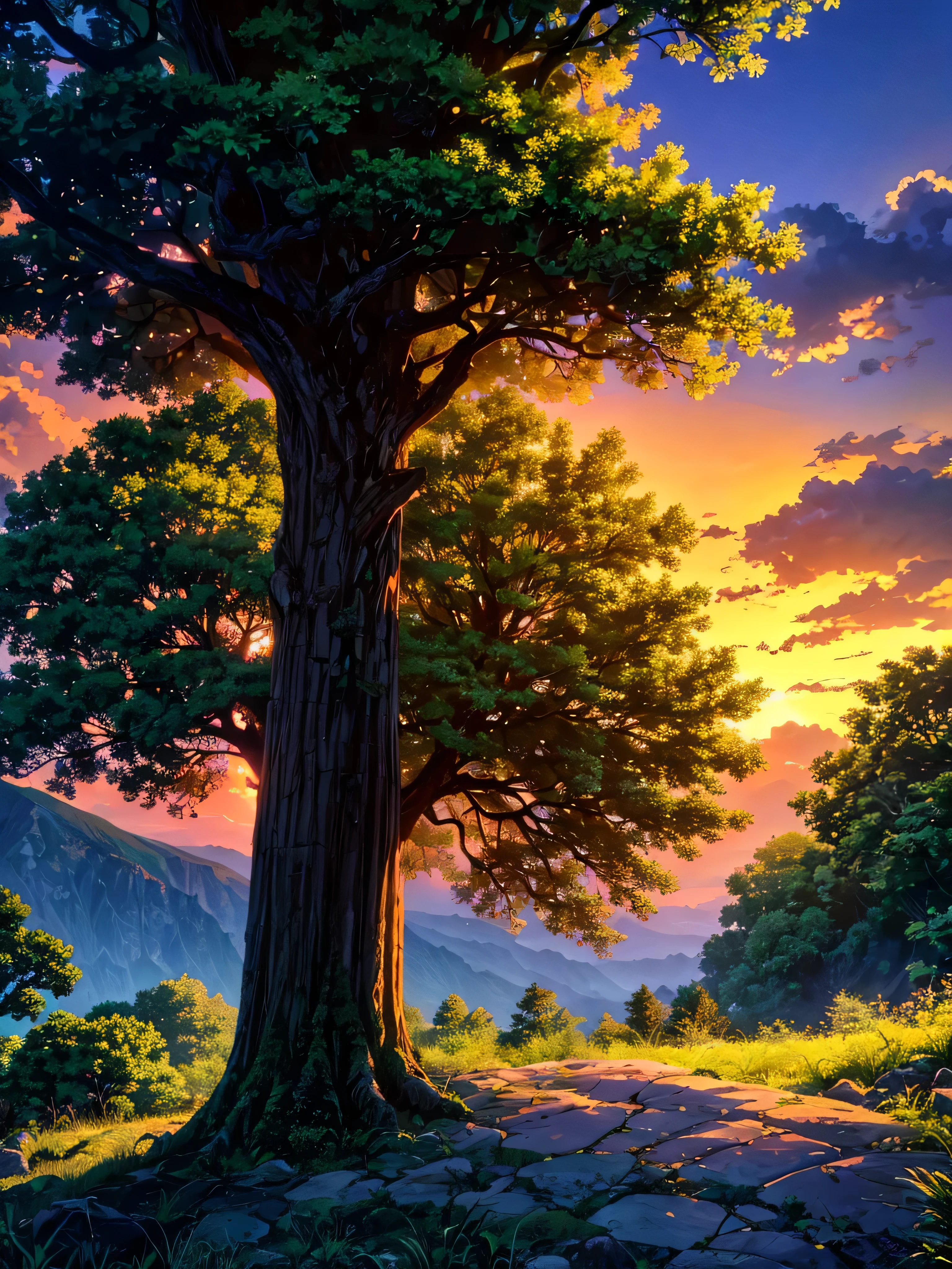 A majestic tree stands tall against a vibrant sunset sky, with light filtering through its dense branches and leaves. The ground below is dotted with grass and rocks, while the background sky is painted with a blend of orange, yellow, and blue hues, with scattered clouds illuminated by the setting sun.