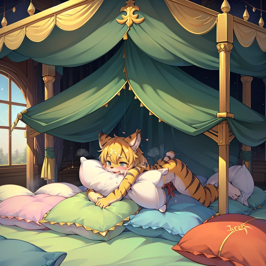 （masterpiece，best quality），my own, The Beast, , (适合任何Pillow背景的光影））, 穿着pajamas可爱女孩在Pillow上摆姿势 ，pajamas，Nature,, (blush),a smile，Pillow头,（很多Pillow），Soft cushion，（canopy bed），Soft pillow quotation，（Pillow损坏），很多Pillow，（Crotch rubbing），（（Pillow驼峰）），（Pillow），（A tail），，（粉色Pillow），（Love around the protagonist），Steam，（Pillow头），（），（豪华Pillow），（Pillow），（palace），（Palace bedroom），（Pillow），柔软的Pillow，，（Classical European style bedroom ），（excited，shy person，Lack of expressiveness，），，pillow humping,my,tiger tail,tiger ears,Tiger pattern，，Sweat，，Sweaty，Body swing，身体Shaking lines，Shaking lines，best quality, masterpiece, ((Maximum resolution)), artwork, ，,,(Interior of the palace),(In the bedroom at night),(Deluxe Rococo Canopy King Bed),On a big and spacious bed,(the 女孩 is lying on the bed),Before bedtime,,,Luxurious curtains with ornate ruffles and ribbons surround the bed,((((There are many pillows piled on the bed)))),Detail of Quilt,Detailed bed sheets,Ruffled Bed Skirt,Deep Bed,Background with depth,pajamas , ((((大量的Pillow))))，peeing，squatting，water,Urine,Shaking lines，wetting pillows,Flowing liquid，Violent body shaking，剧烈Shaking lines，详细的软Pillow,,（女孩正躺在许多柔软的Pillow上,周围有许多Pillow），(Pillow上有液体），Sweat，saliva，Splashing urine，Pillow上和床上有水迹,