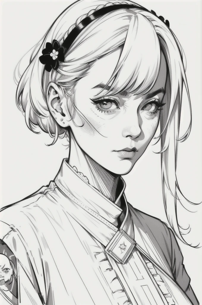 Drawing of a mature woman, realistic portrait, upper body, asian girl, white hair, mad face, rebel outfits, punk, horror look. Best lineart, clean flat lineart, Black and white monochrome, thin pen lines. No colors or shading. Flat white background. Pretty cute